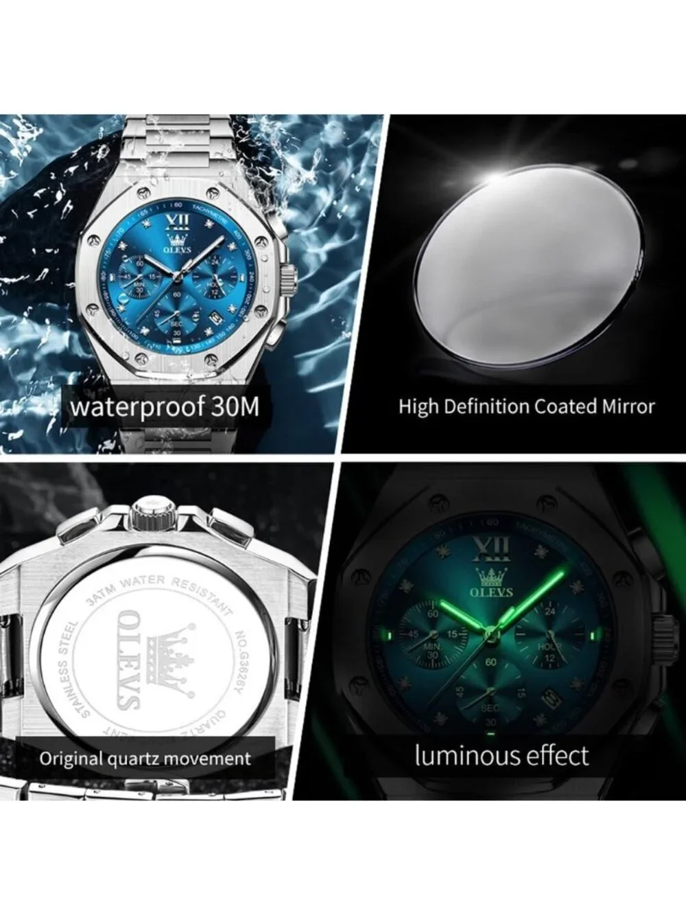 Men's Silver Blue Octagonal Luxury Stainless Steel Analog Large Face Wrist Watch